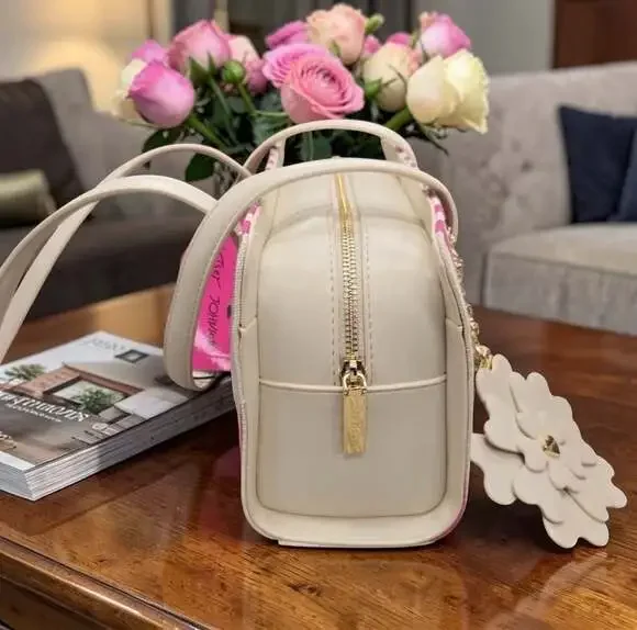 Betsey Johnson Pink and White Striped Canvas Satchel with Flower Charm - Picture 4 of 6